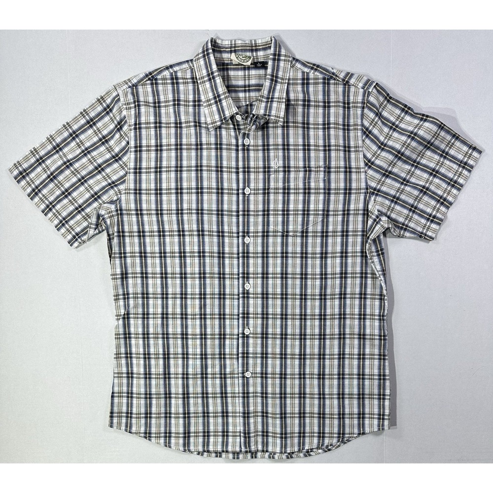Volcom Eco Logical Shirt L Plaid Blue Beige Green Button Front Short Sleeve